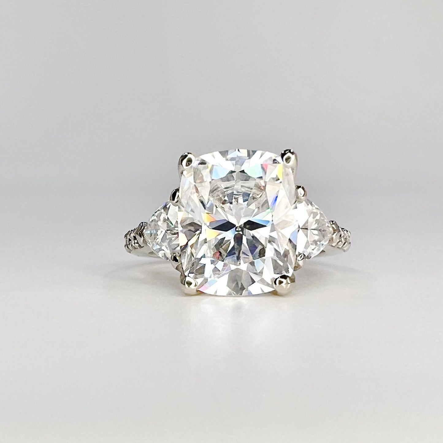 Moissanite Cushion Cut Engagement Ring, Elongated Cushion Cut Wedding Ring, 14k White Gold Trillion Moissanite Three Stone Ring Ladies #7508