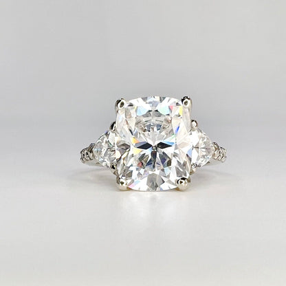 Moissanite Cushion Cut Engagement Ring, Elongated Cushion Cut Wedding Ring, 14k White Gold Trillion Moissanite Three Stone Ring Ladies #7508