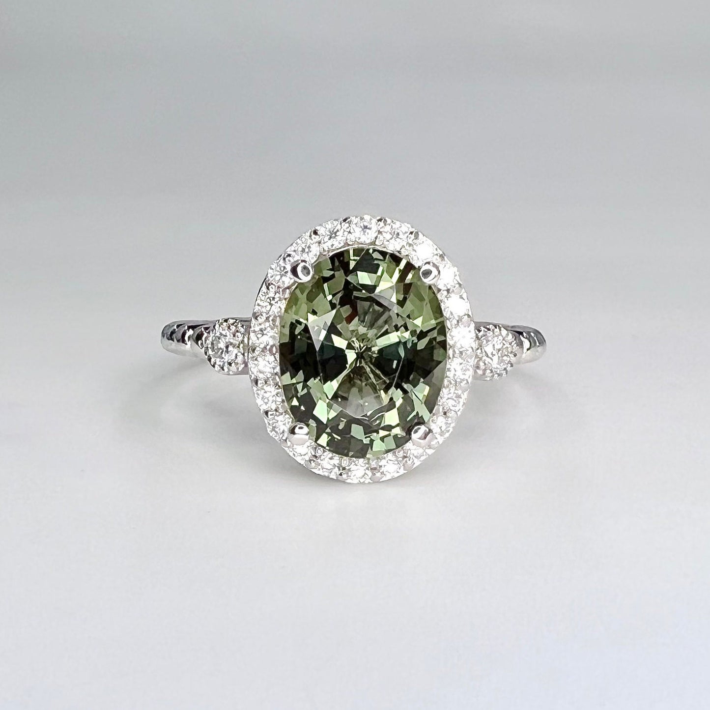 Olive Green Oval Sapphire With Moissanite Halo  Vintage Emerald Oval Cut Engagement Ring 14K Solid White Gold Unique Promise Wedding  #7398