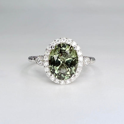 Olive Green Oval Sapphire With Moissanite Halo  Vintage Emerald Oval Cut Engagement Ring 14K Solid White Gold Unique Promise Wedding  #7398