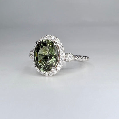 Olive Green Oval Sapphire With Moissanite Halo  Vintage Emerald Oval Cut Engagement Ring 14K Solid White Gold Unique Promise Wedding  #7398