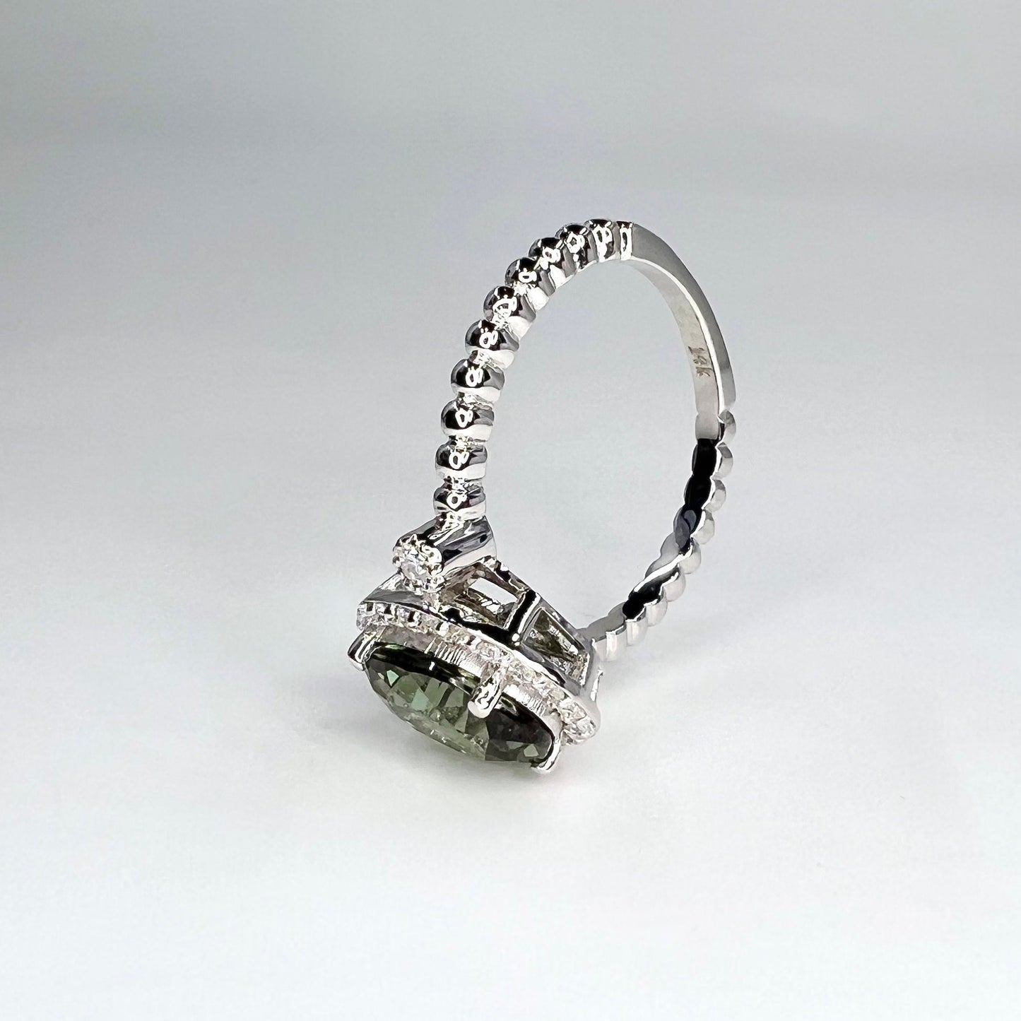 Olive Green Oval Sapphire With Moissanite Halo  Vintage Emerald Oval Cut Engagement Ring 14K Solid White Gold Unique Promise Wedding  #7398